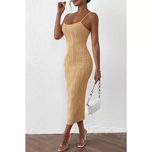 imagePRETTYGARDEN Womens Sexy Midi Bodycon Dress 2024 Summer Spaghetti Strap Sleeveless Knit Party Tight Fitted DressesLight Khaki