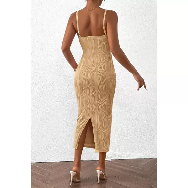 imagePRETTYGARDEN Womens Sexy Midi Bodycon Dress 2024 Summer Spaghetti Strap Sleeveless Knit Party Tight Fitted DressesLight Khaki