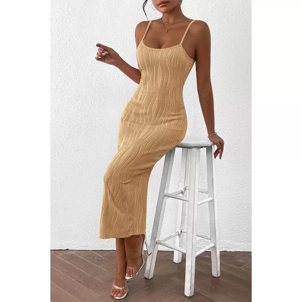 imagePRETTYGARDEN Womens Sexy Midi Bodycon Dress 2024 Summer Spaghetti Strap Sleeveless Knit Party Tight Fitted DressesLight Khaki