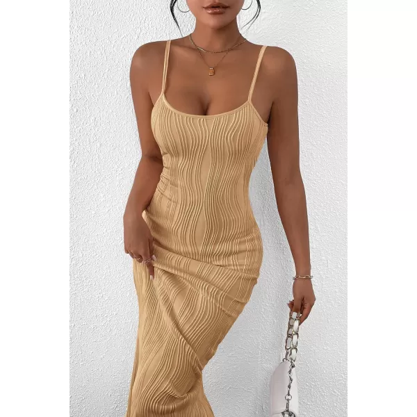 imagePRETTYGARDEN Womens Sexy Midi Bodycon Dress 2024 Summer Spaghetti Strap Sleeveless Knit Party Tight Fitted DressesLight Khaki