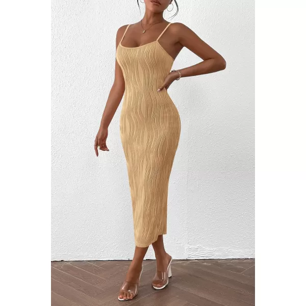 imagePRETTYGARDEN Womens Sexy Midi Bodycon Dress 2024 Summer Spaghetti Strap Sleeveless Knit Party Tight Fitted DressesLight Khaki