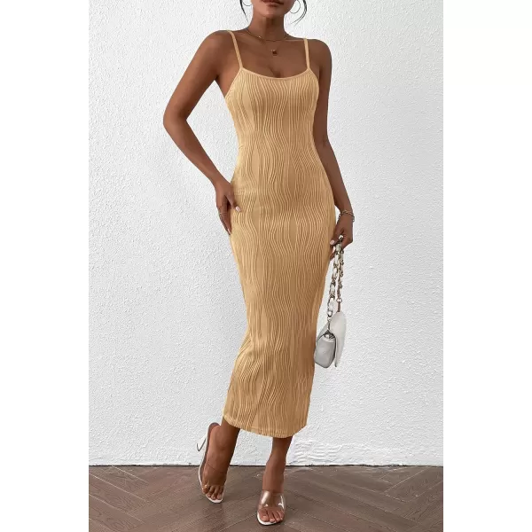 imagePRETTYGARDEN Womens Sexy Midi Bodycon Dress 2024 Summer Spaghetti Strap Sleeveless Knit Party Tight Fitted DressesLight Khaki