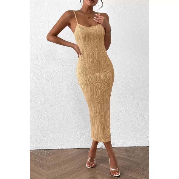 imagePRETTYGARDEN Womens Sexy Midi Bodycon Dress 2024 Summer Spaghetti Strap Sleeveless Knit Party Tight Fitted DressesLight Khaki