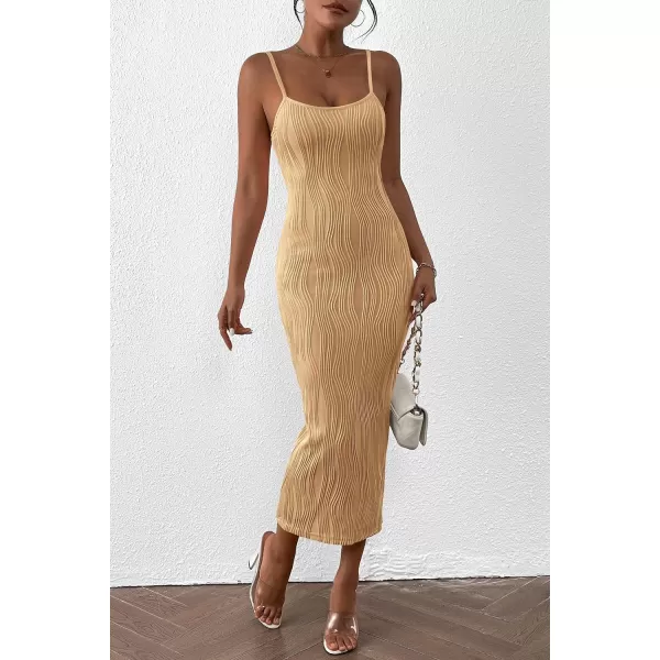 imagePRETTYGARDEN Womens Sexy Midi Bodycon Dress 2024 Summer Spaghetti Strap Sleeveless Knit Party Tight Fitted DressesLight Khaki