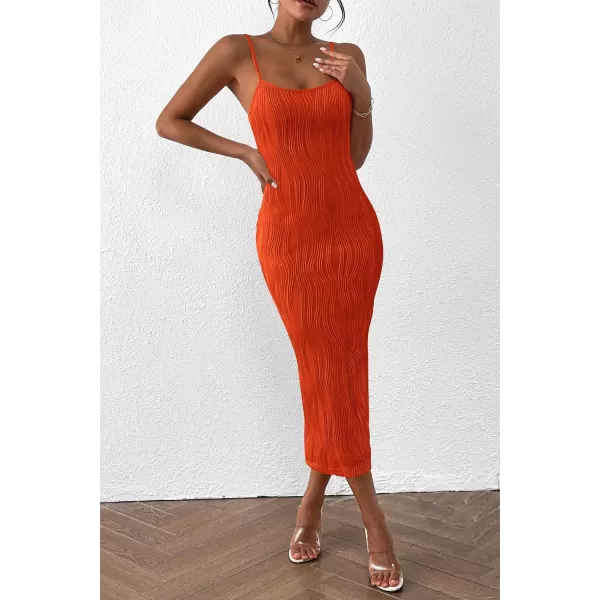 imagePRETTYGARDEN Womens Sexy Midi Bodycon Dress 2024 Summer Spaghetti Strap Sleeveless Knit Party Tight Fitted DressesOrange