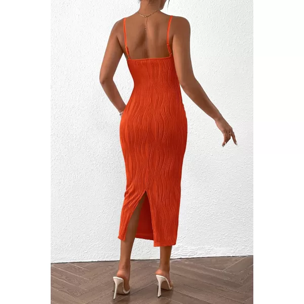 imagePRETTYGARDEN Womens Sexy Midi Bodycon Dress 2024 Summer Spaghetti Strap Sleeveless Knit Party Tight Fitted DressesOrange