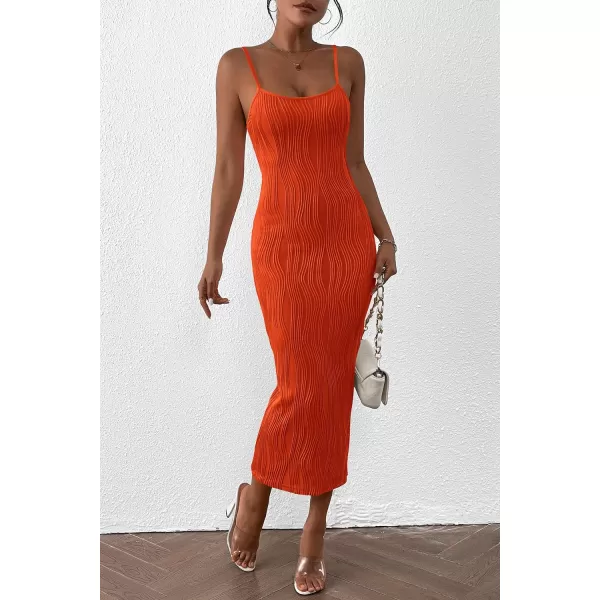 imagePRETTYGARDEN Womens Sexy Midi Bodycon Dress 2024 Summer Spaghetti Strap Sleeveless Knit Party Tight Fitted DressesOrange