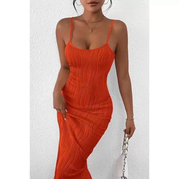 imagePRETTYGARDEN Womens Sexy Midi Bodycon Dress 2024 Summer Spaghetti Strap Sleeveless Knit Party Tight Fitted DressesOrange