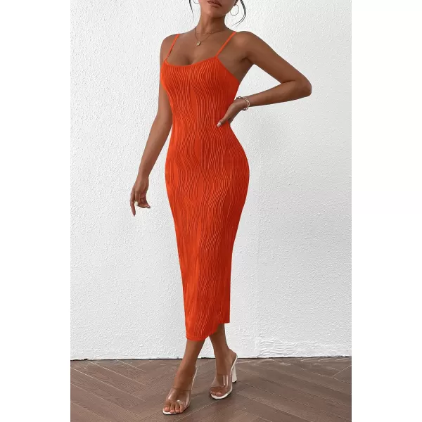 imagePRETTYGARDEN Womens Sexy Midi Bodycon Dress 2024 Summer Spaghetti Strap Sleeveless Knit Party Tight Fitted DressesOrange