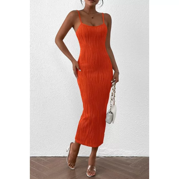imagePRETTYGARDEN Womens Sexy Midi Bodycon Dress 2024 Summer Spaghetti Strap Sleeveless Knit Party Tight Fitted DressesOrange