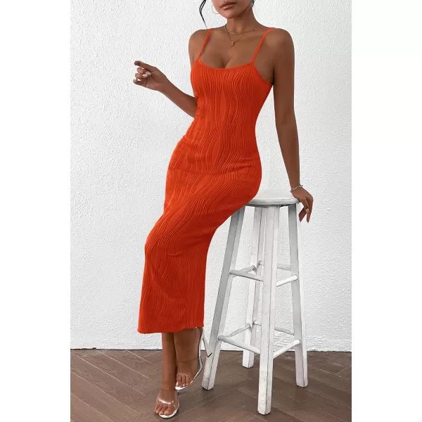 imagePRETTYGARDEN Womens Sexy Midi Bodycon Dress 2024 Summer Spaghetti Strap Sleeveless Knit Party Tight Fitted DressesOrange