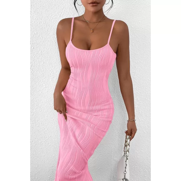 imagePRETTYGARDEN Womens Sexy Midi Bodycon Dress 2024 Summer Spaghetti Strap Sleeveless Knit Party Tight Fitted DressesPink