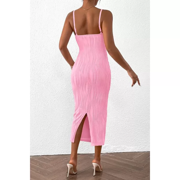 imagePRETTYGARDEN Womens Sexy Midi Bodycon Dress 2024 Summer Spaghetti Strap Sleeveless Knit Party Tight Fitted DressesPink