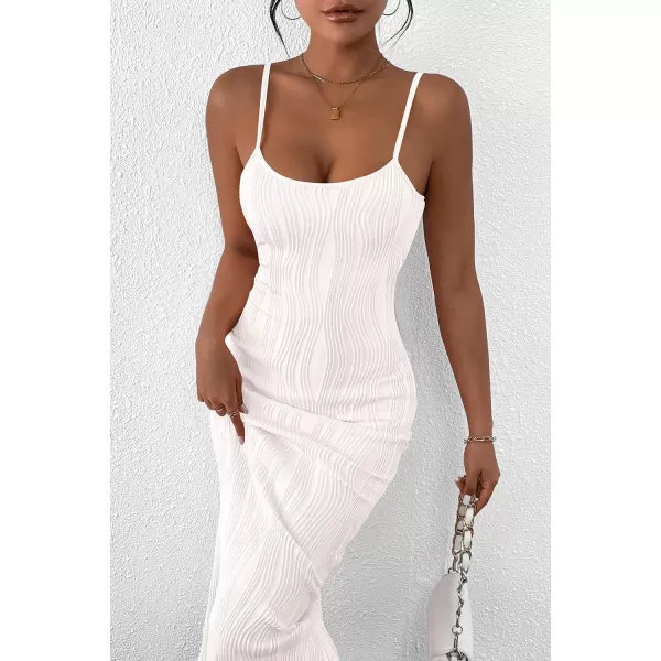 imagePRETTYGARDEN Womens Sexy Midi Bodycon Dress 2024 Summer Spaghetti Strap Sleeveless Knit Party Tight Fitted DressesWhite