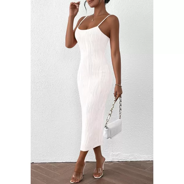 imagePRETTYGARDEN Womens Sexy Midi Bodycon Dress 2024 Summer Spaghetti Strap Sleeveless Knit Party Tight Fitted DressesWhite