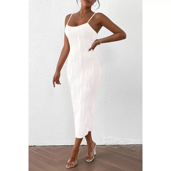 imagePRETTYGARDEN Womens Sexy Midi Bodycon Dress 2024 Summer Spaghetti Strap Sleeveless Knit Party Tight Fitted DressesWhite