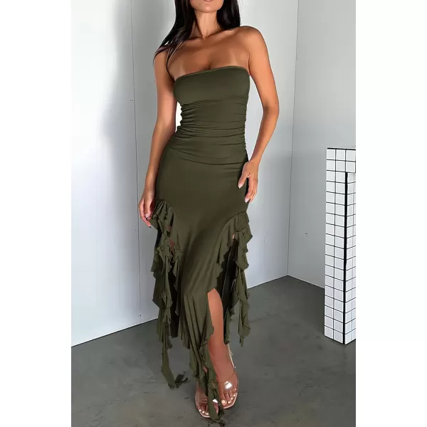 imagePRETTYGARDEN Womens Sexy Midi Bodycon Dress Summer Strapless Irregular Ruffle Trim Y2K Tube Club Party DressesArmy Green