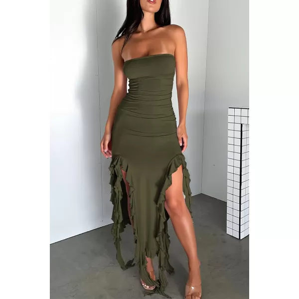 imagePRETTYGARDEN Womens Sexy Midi Bodycon Dress Summer Strapless Irregular Ruffle Trim Y2K Tube Club Party DressesArmy Green