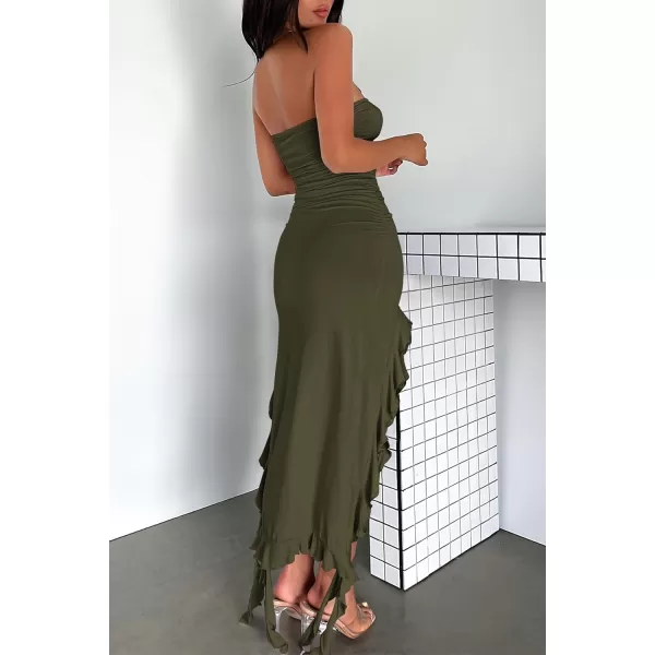 imagePRETTYGARDEN Womens Sexy Midi Bodycon Dress Summer Strapless Irregular Ruffle Trim Y2K Tube Club Party DressesArmy Green