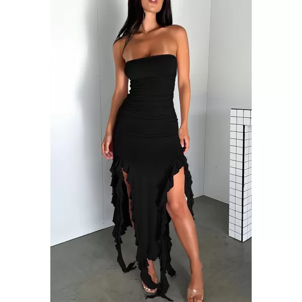 imagePRETTYGARDEN Womens Sexy Midi Bodycon Dress Summer Strapless Irregular Ruffle Trim Y2K Tube Club Party DressesBlack