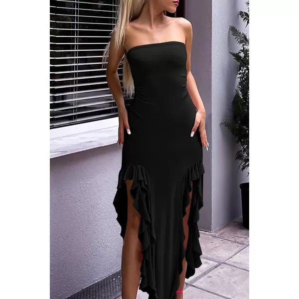 imagePRETTYGARDEN Womens Sexy Midi Bodycon Dress Summer Strapless Irregular Ruffle Trim Y2K Tube Club Party DressesBlack
