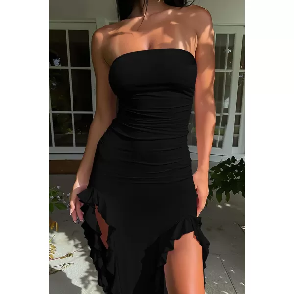 imagePRETTYGARDEN Womens Sexy Midi Bodycon Dress Summer Strapless Irregular Ruffle Trim Y2K Tube Club Party DressesBlack