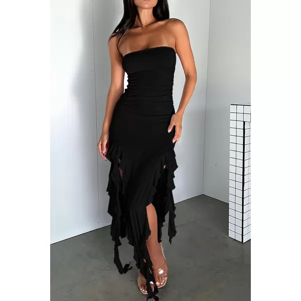 imagePRETTYGARDEN Womens Sexy Midi Bodycon Dress Summer Strapless Irregular Ruffle Trim Y2K Tube Club Party DressesBlack