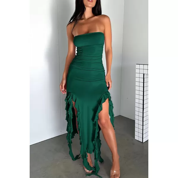 imagePRETTYGARDEN Womens Sexy Midi Bodycon Dress Summer Strapless Irregular Ruffle Trim Y2K Tube Club Party DressesDark Green
