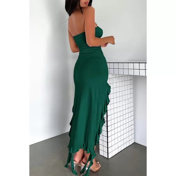 imagePRETTYGARDEN Womens Sexy Midi Bodycon Dress Summer Strapless Irregular Ruffle Trim Y2K Tube Club Party DressesDark Green