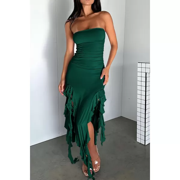 imagePRETTYGARDEN Womens Sexy Midi Bodycon Dress Summer Strapless Irregular Ruffle Trim Y2K Tube Club Party DressesDark Green