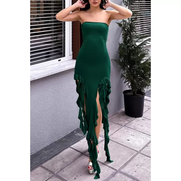 imagePRETTYGARDEN Womens Sexy Midi Bodycon Dress Summer Strapless Irregular Ruffle Trim Y2K Tube Club Party DressesDark Green