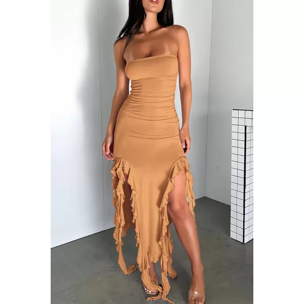 imagePRETTYGARDEN Womens Sexy Midi Bodycon Dress Summer Strapless Irregular Ruffle Trim Y2K Tube Club Party DressesKhaki