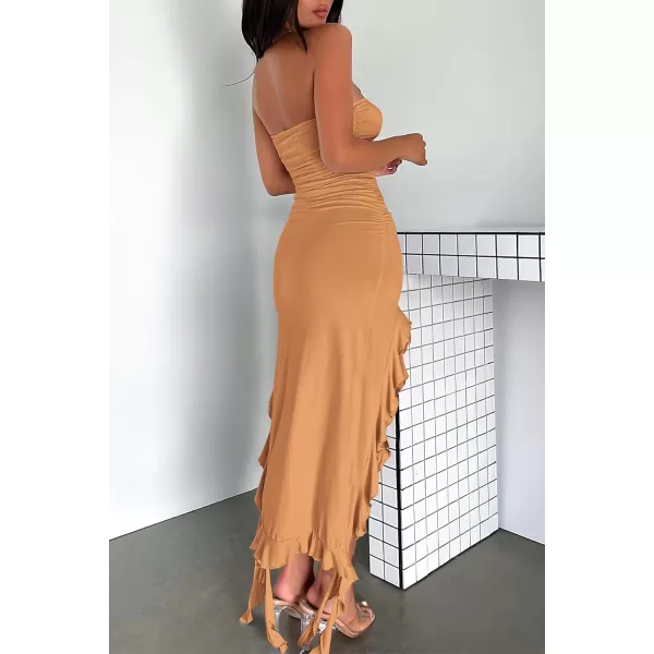 imagePRETTYGARDEN Womens Sexy Midi Bodycon Dress Summer Strapless Irregular Ruffle Trim Y2K Tube Club Party DressesKhaki