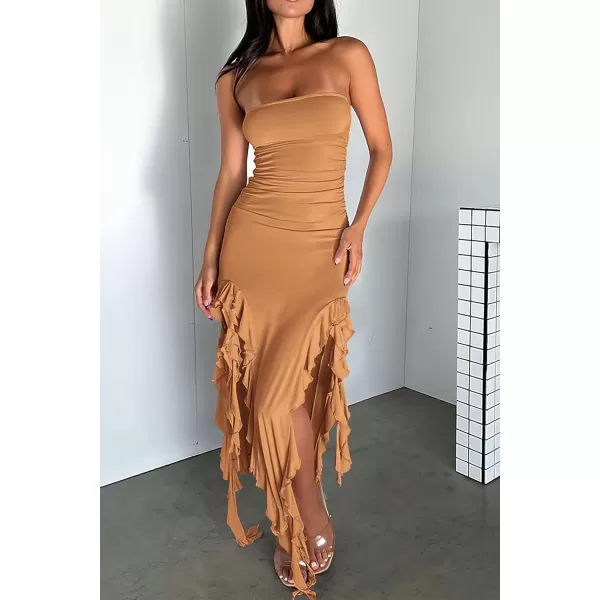 imagePRETTYGARDEN Womens Sexy Midi Bodycon Dress Summer Strapless Irregular Ruffle Trim Y2K Tube Club Party DressesKhaki