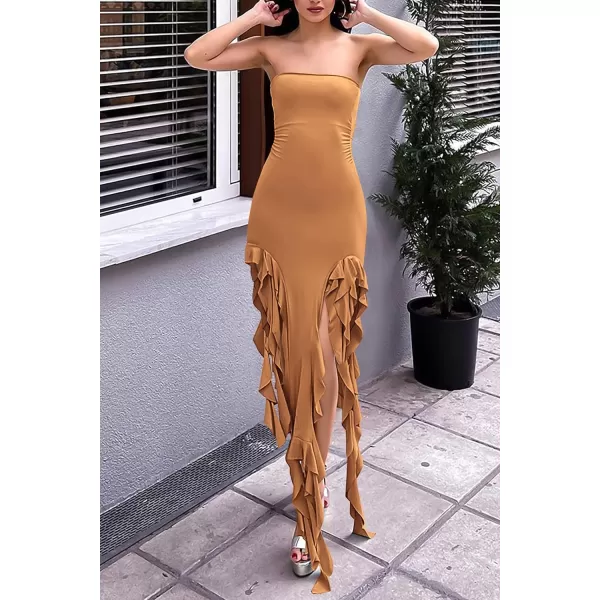imagePRETTYGARDEN Womens Sexy Midi Bodycon Dress Summer Strapless Irregular Ruffle Trim Y2K Tube Club Party DressesKhaki