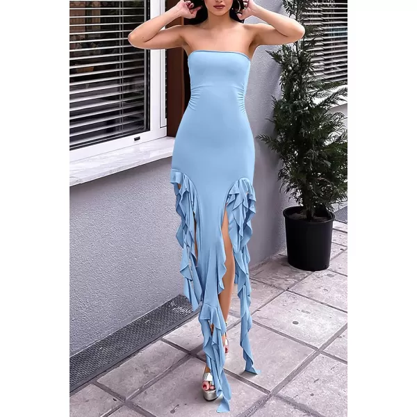 imagePRETTYGARDEN Womens Sexy Midi Bodycon Dress Summer Strapless Irregular Ruffle Trim Y2K Tube Club Party DressesLight Blue