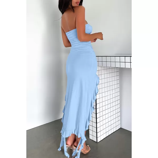imagePRETTYGARDEN Womens Sexy Midi Bodycon Dress Summer Strapless Irregular Ruffle Trim Y2K Tube Club Party DressesLight Blue
