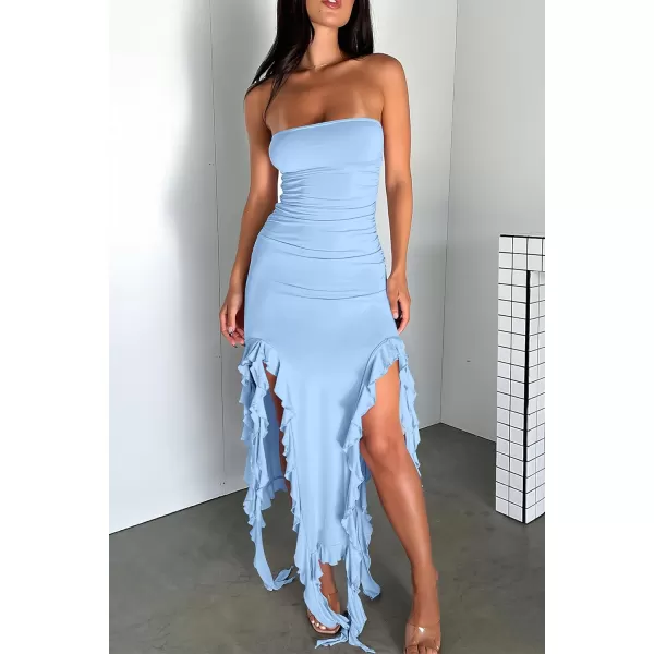 imagePRETTYGARDEN Womens Sexy Midi Bodycon Dress Summer Strapless Irregular Ruffle Trim Y2K Tube Club Party DressesLight Blue