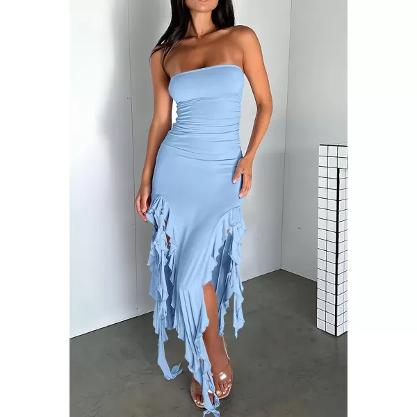 imagePRETTYGARDEN Womens Sexy Midi Bodycon Dress Summer Strapless Irregular Ruffle Trim Y2K Tube Club Party DressesLight Blue