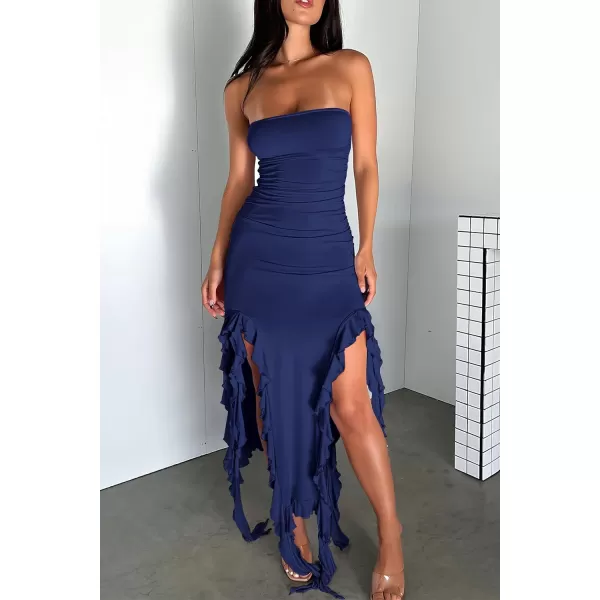 imagePRETTYGARDEN Womens Sexy Midi Bodycon Dress Summer Strapless Irregular Ruffle Trim Y2K Tube Club Party DressesNavy
