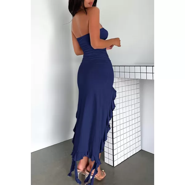 imagePRETTYGARDEN Womens Sexy Midi Bodycon Dress Summer Strapless Irregular Ruffle Trim Y2K Tube Club Party DressesNavy