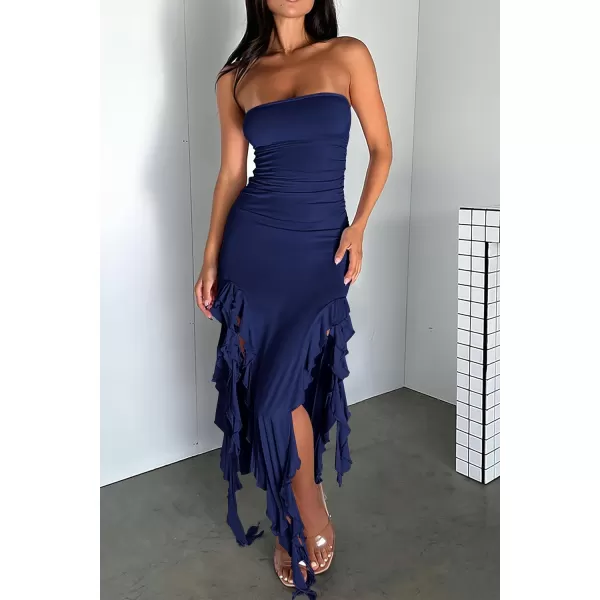 imagePRETTYGARDEN Womens Sexy Midi Bodycon Dress Summer Strapless Irregular Ruffle Trim Y2K Tube Club Party DressesNavy