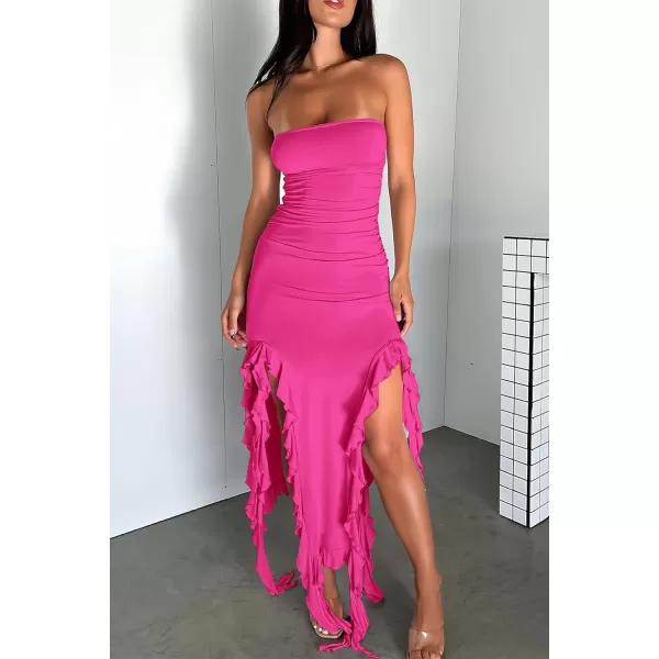 imagePRETTYGARDEN Womens Sexy Midi Bodycon Dress Summer Strapless Irregular Ruffle Trim Y2K Tube Club Party DressesRose Red