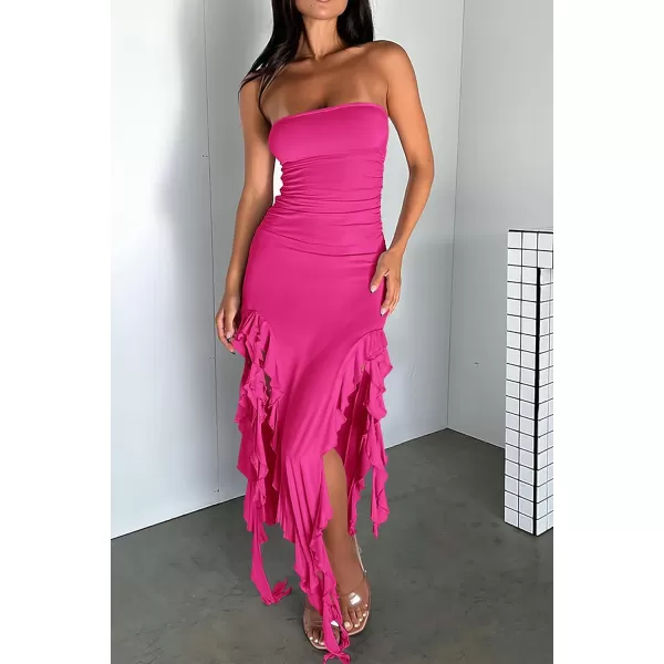 imagePRETTYGARDEN Womens Sexy Midi Bodycon Dress Summer Strapless Irregular Ruffle Trim Y2K Tube Club Party DressesRose Red