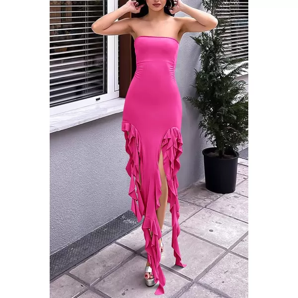 imagePRETTYGARDEN Womens Sexy Midi Bodycon Dress Summer Strapless Irregular Ruffle Trim Y2K Tube Club Party DressesRose Red
