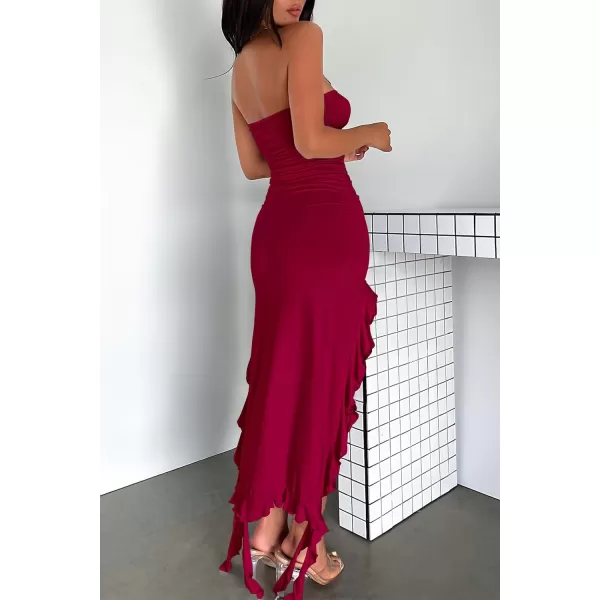 imagePRETTYGARDEN Womens Sexy Midi Bodycon Dress Summer Strapless Irregular Ruffle Trim Y2K Tube Club Party DressesWine Red
