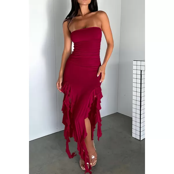 imagePRETTYGARDEN Womens Sexy Midi Bodycon Dress Summer Strapless Irregular Ruffle Trim Y2K Tube Club Party DressesWine Red