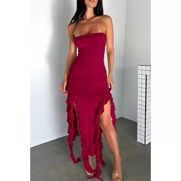 imagePRETTYGARDEN Womens Sexy Midi Bodycon Dress Summer Strapless Irregular Ruffle Trim Y2K Tube Club Party DressesWine Red