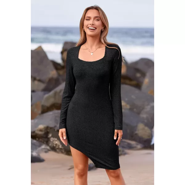 imagePRETTYGARDEN Womens Sexy Mini Bodycon Dresses Long Sleeve Square Neck Thigh Slit Tight Fitted DressBlack