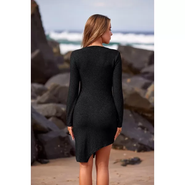 imagePRETTYGARDEN Womens Sexy Mini Bodycon Dresses Long Sleeve Square Neck Thigh Slit Tight Fitted DressBlack